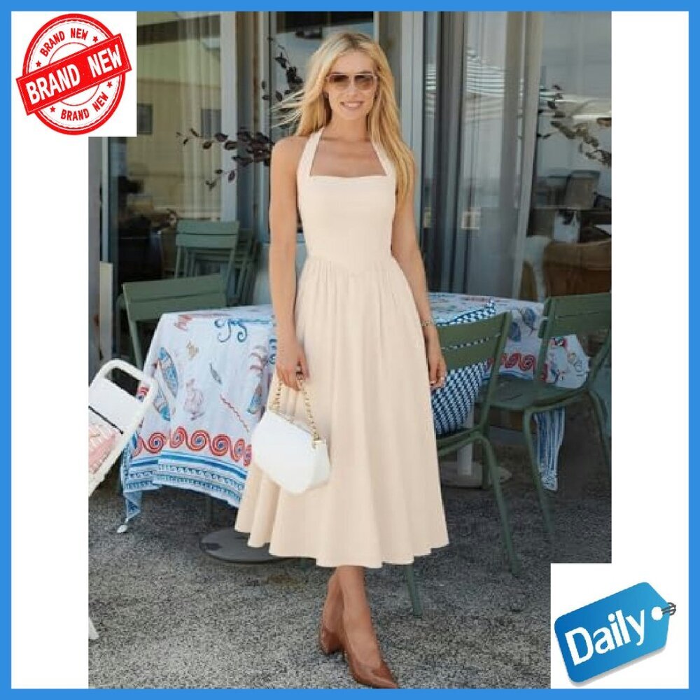 Sleeveless Halter Midi Dress High Waist Flowy Backless Off Shoulder - Picture 7 of 8